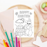 Happy Easter Coloring Card Printable, Kids Easter Bunny Card, Diy In Easter Colouring Cards Printable