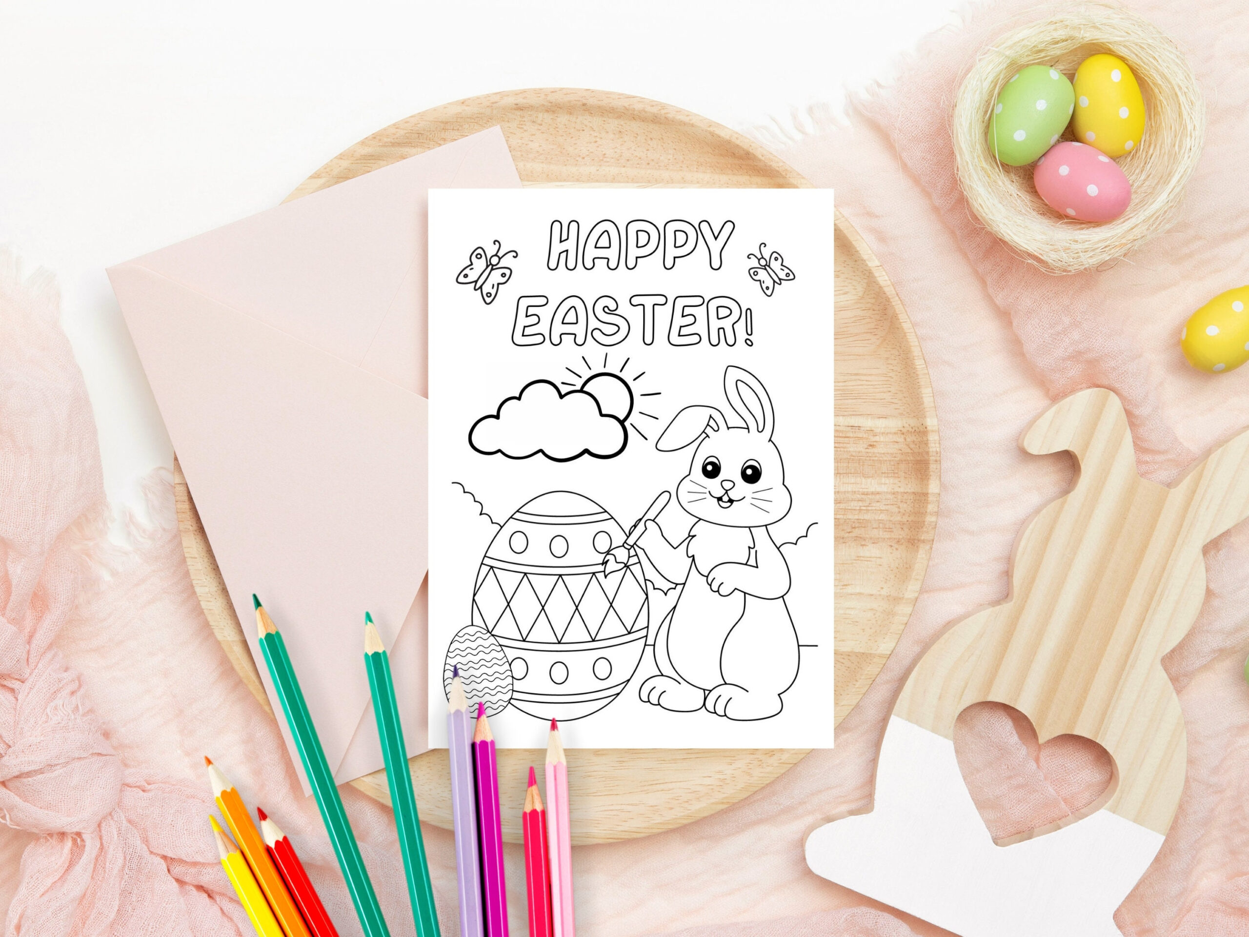 Happy Easter Coloring Card Printable, Kids Easter Bunny Card, Diy in Easter Colouring Cards Printable